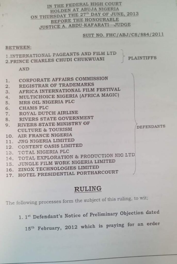 2011 suit filed by International Pageants and Film and Charles Chukwuani, one of its directors
