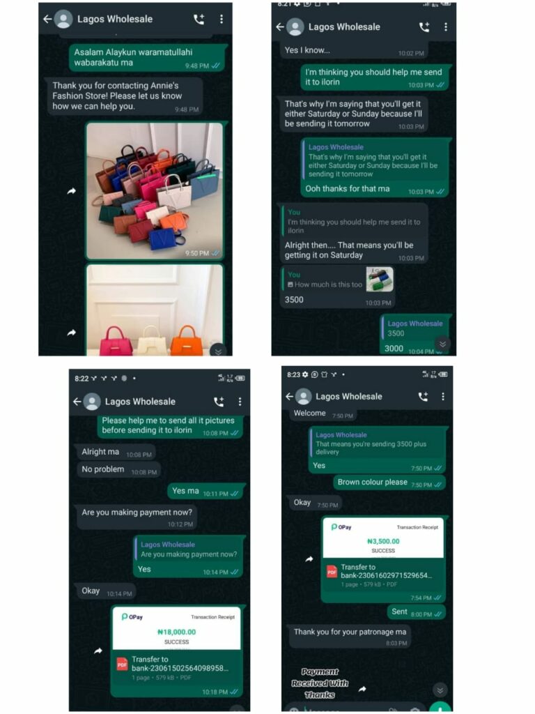 Some of the conversations between Annie's fashion store and customer