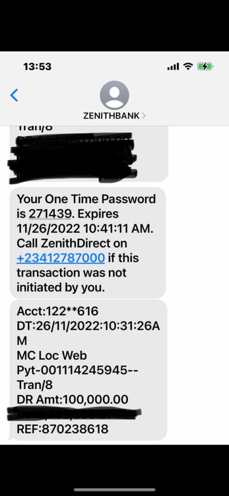 sms alert showing N100,000 debit