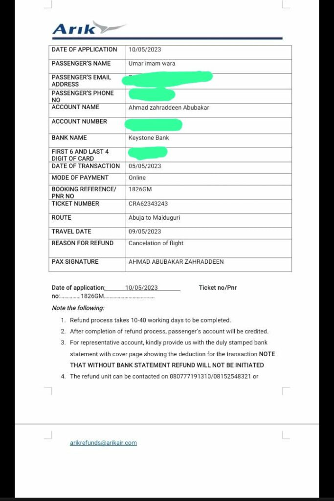 Arik Airline's refund application form
