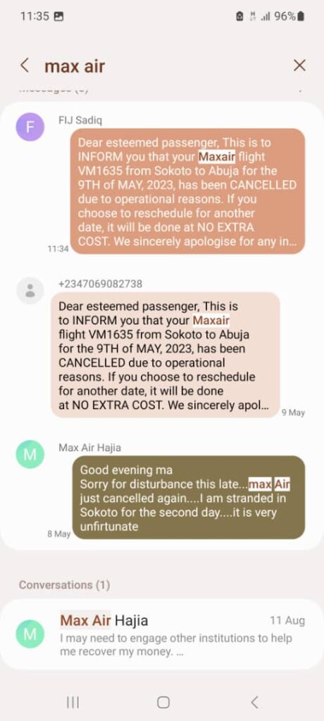 SMS from Max Air announcing the flight cancellation