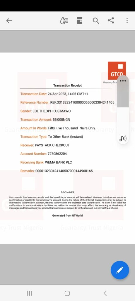 transaction receipt for Max Air ticket