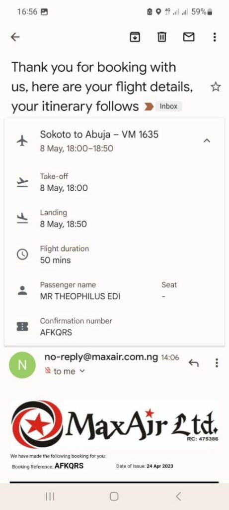 Max Air flight booking details