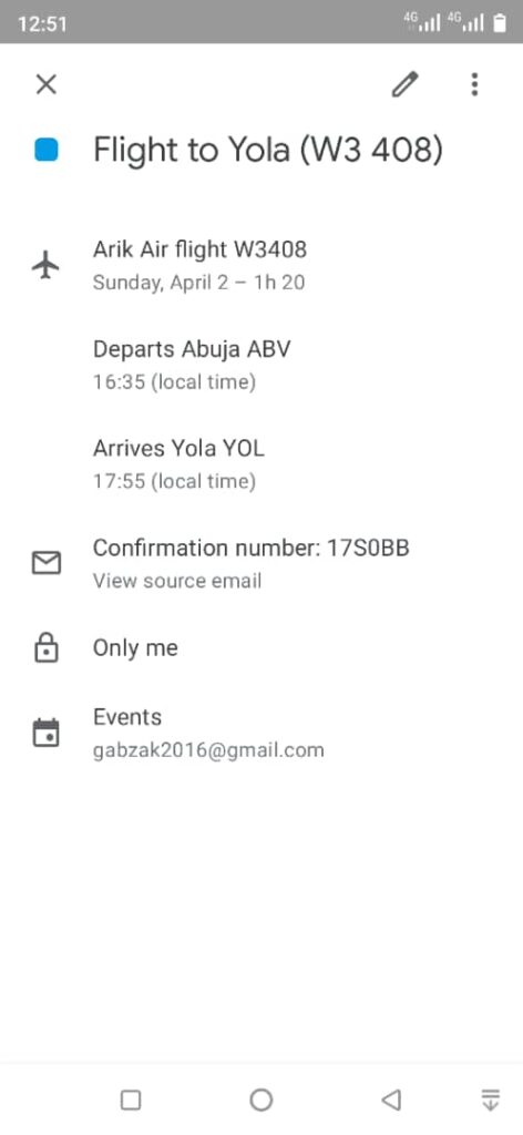 Abuja - Yola flight confirmation from Arik Air