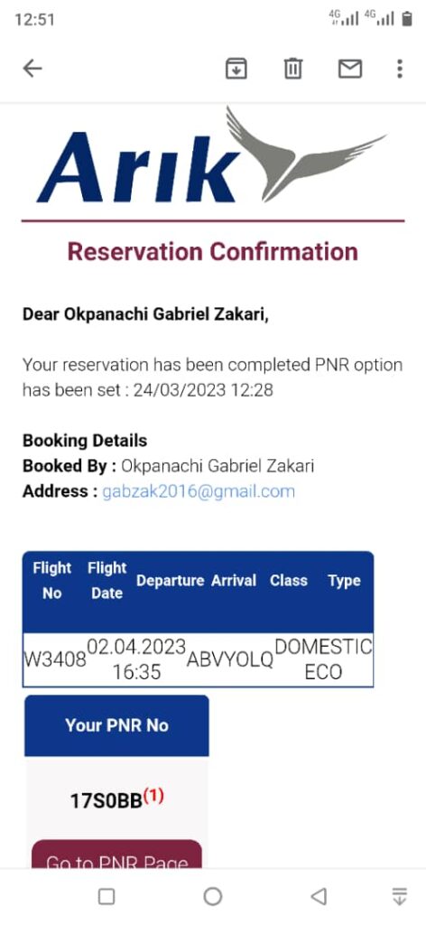 reservation confirmation from Arik Air