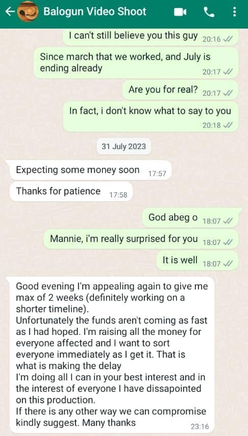 Benjamin's Whatsapp conversation with Mannie