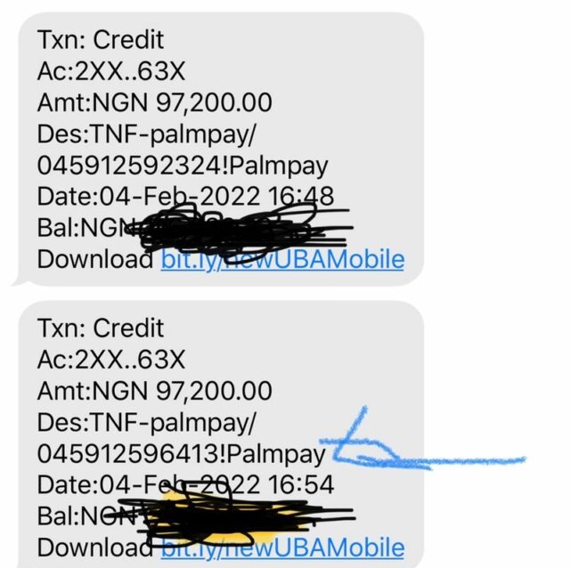 alert showing Double debit from UBA customer's account