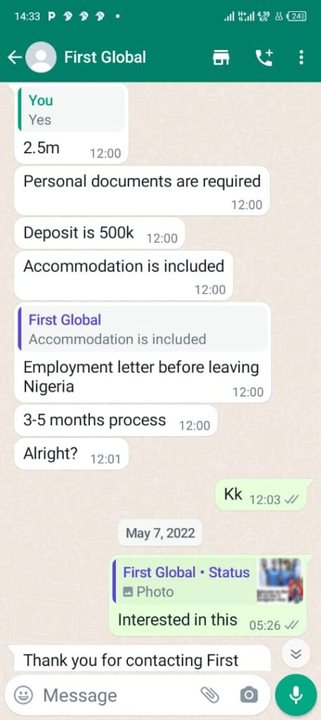 Whatsapp  conversation  between Babatope Ayeyo of first risk-free travels and client