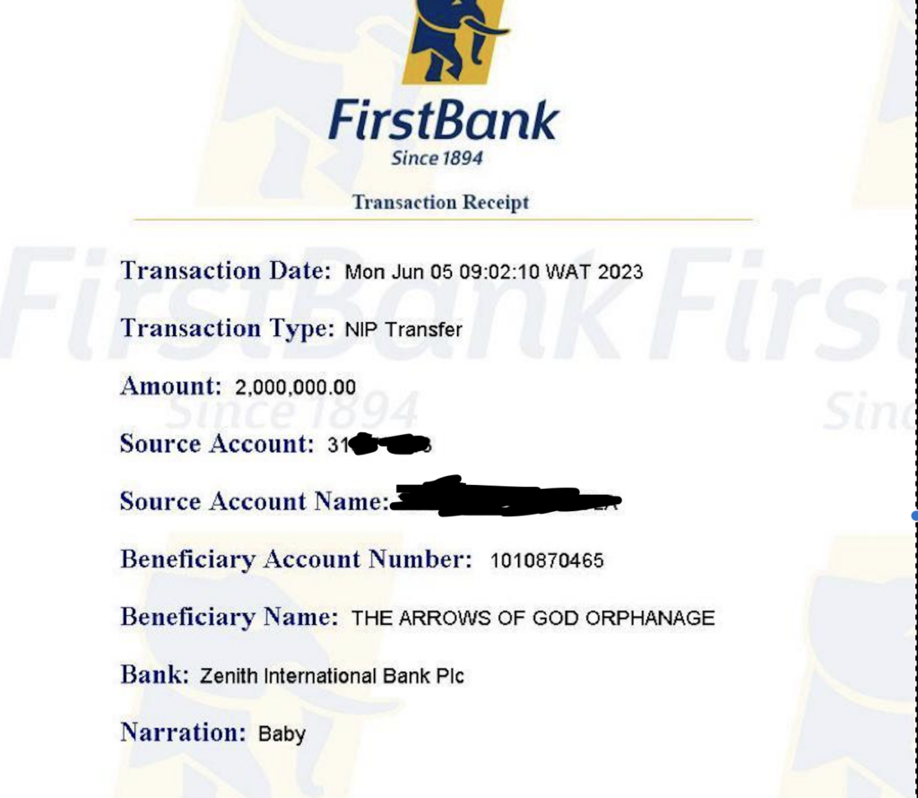 transaction receipt of payment made to Arrows of God Orphanage
