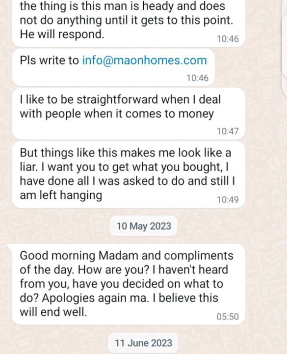 WhatsApp conversation between Maon Homes and customer