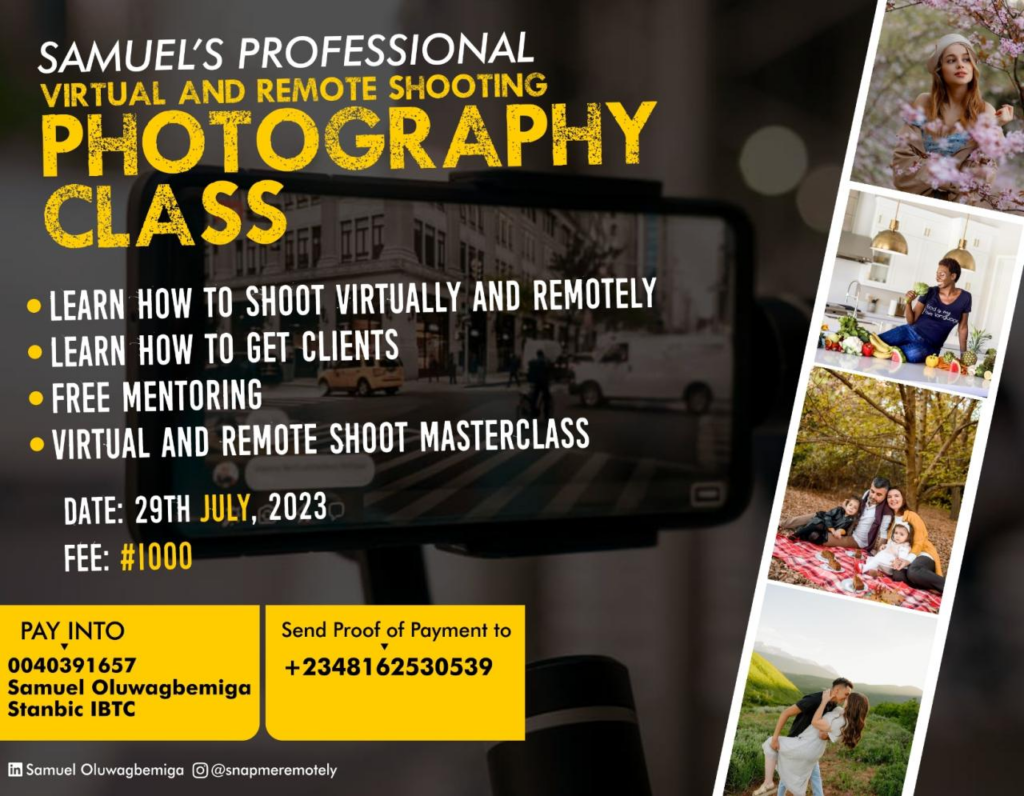 Samuel Oluwagbemiga's virtual photography class flyer, designed with photos of other photographers which he is claiming copyright to