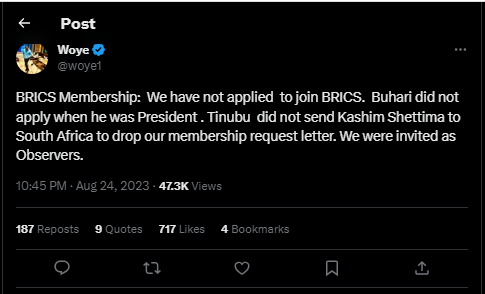 social media post claiming Nigeria did not apply to join BRICS