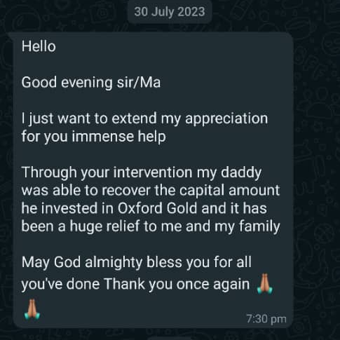 
The appreciation message from Oxfordgold customer