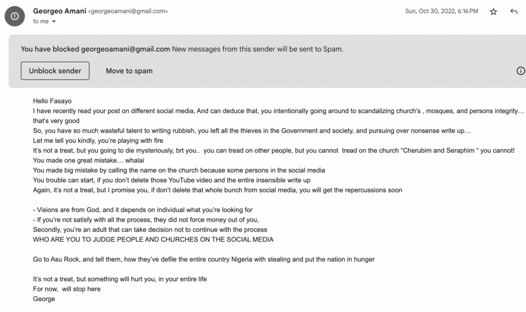 threatening email sent to FIJ's Fisayo Soyombo