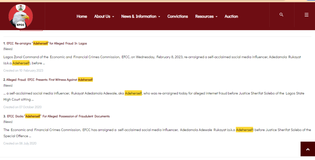 The only availabe information about Adeherself on the EFCC's website