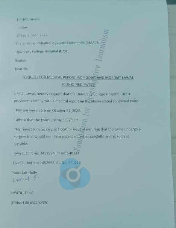 The Request Letter Signed by Fatai Lawal