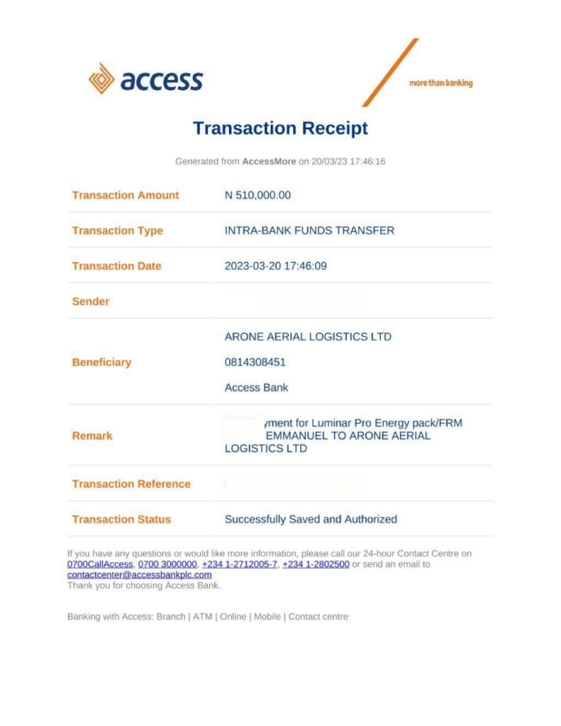 Receipt of payment made to Arone Energy