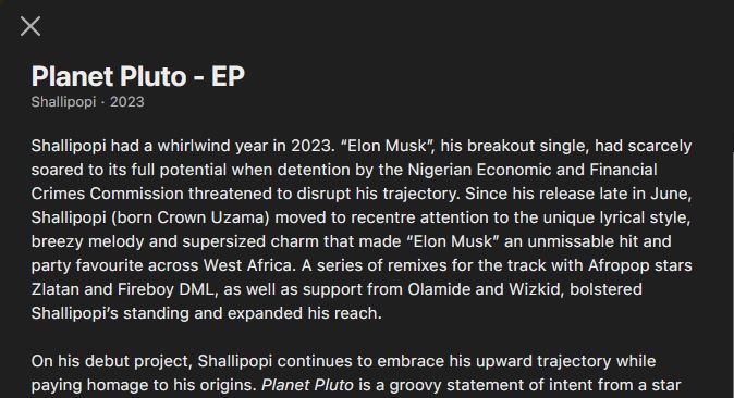 Screenshot of description approved on Shallipopi's Planet Pluto on Apple Music