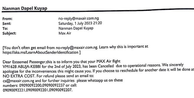 The cancellation email from Max Air