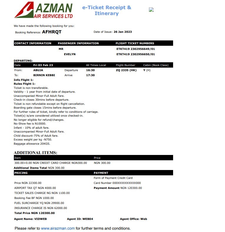 Azman Air e-ticket