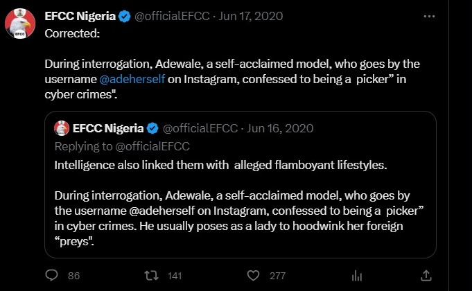 confession of Adeherself as seen on the EFCC's social media platform