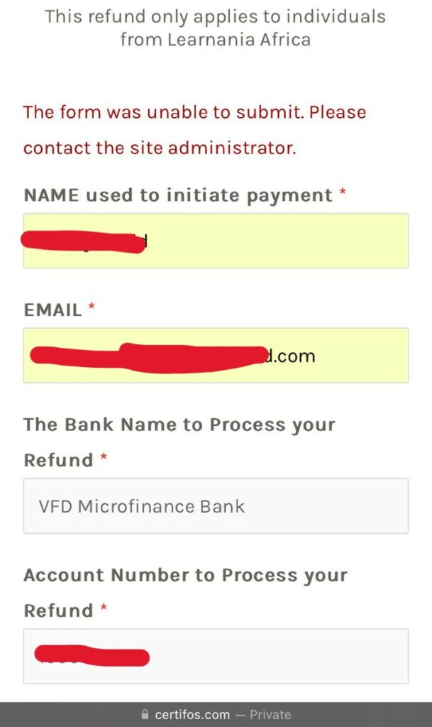 Unable to submit the refund form