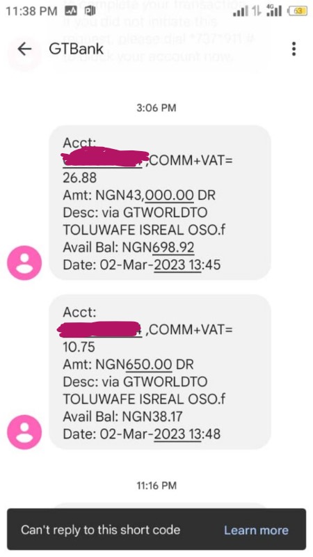 The unauthorised debit on Ayobami's account. 