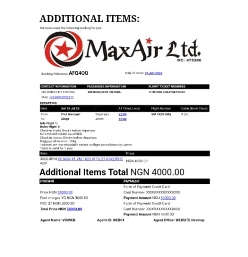 Etonu's ticket with Max Air.