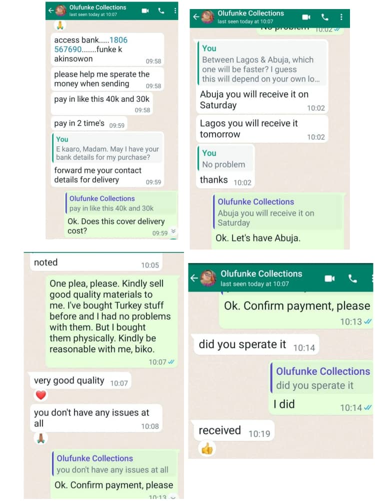 Part of the conversation between Olufunke collection and customer
