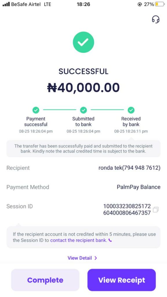 receipt of payment to AIM investment