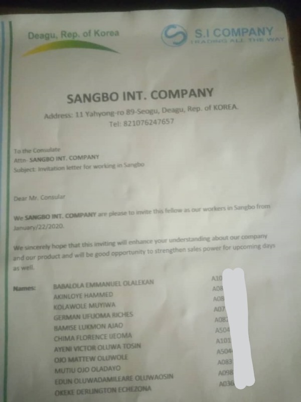 Fake letter Seyi Ogunbakin sent to show he had got them jobs in South Korea