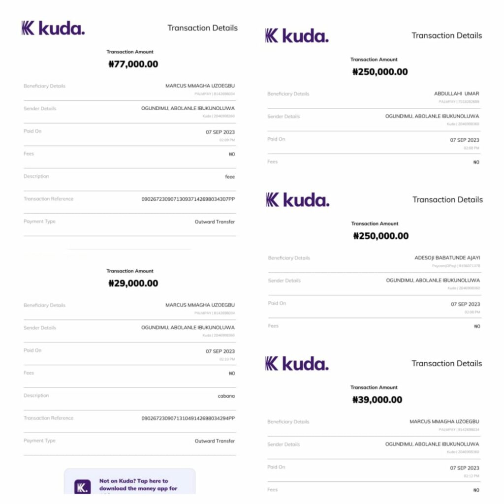 Series of withdrawals from Kuda Bank customer's account 