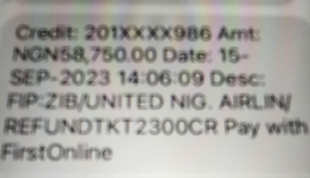 SMS alert showing refund from United Nigeria Airlines 