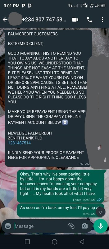 Whatsapp message sent by loan company