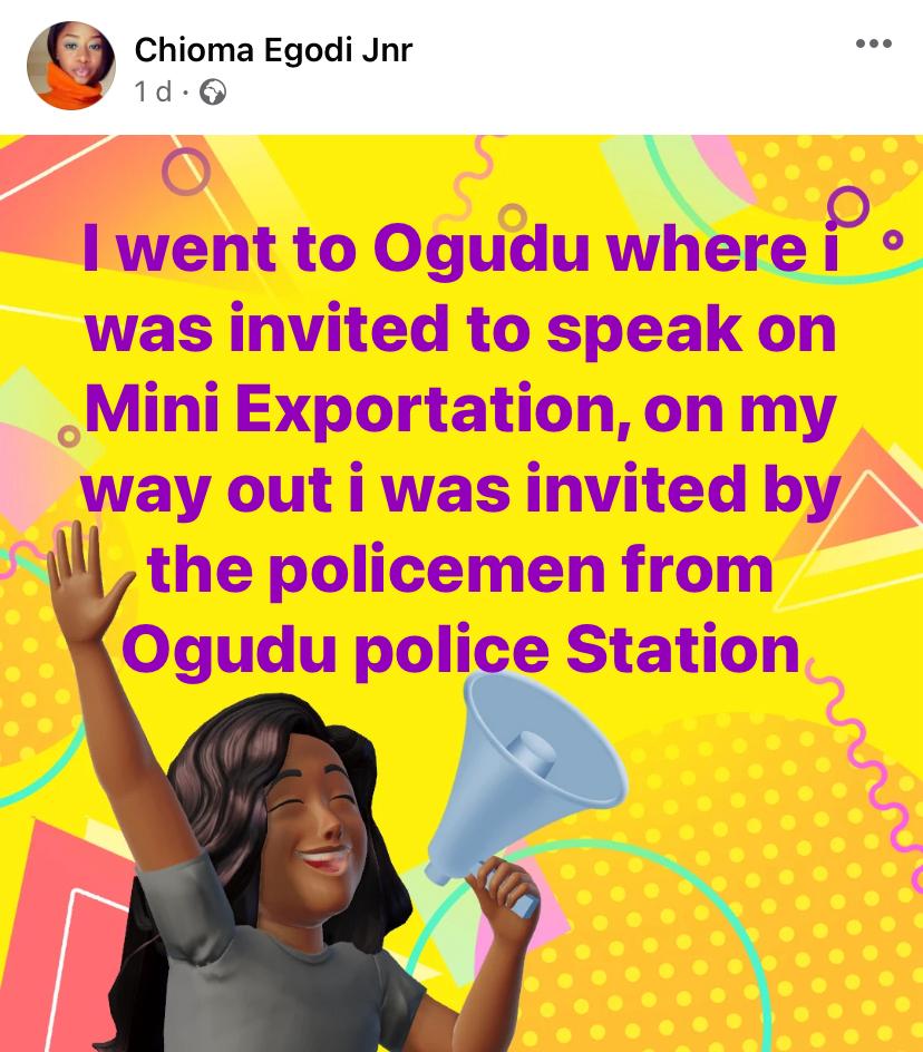 Chioma Egodi's post announcing police invitation. 