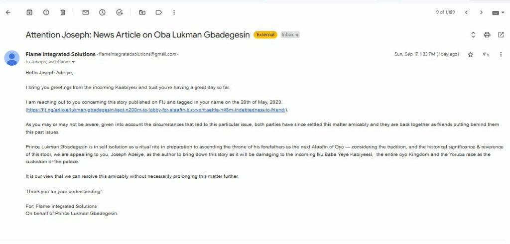 Email requesting for the damaging story to be brought down