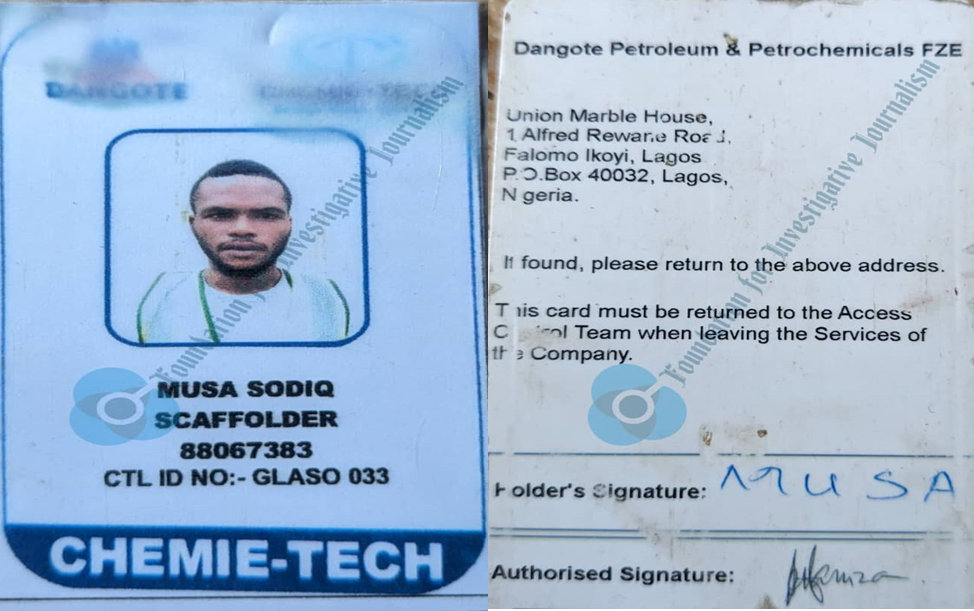 Sodiq's work ID cad from Dangote petroleum& petrochemicals