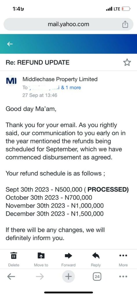 refund update from Middlechase property limited to customer