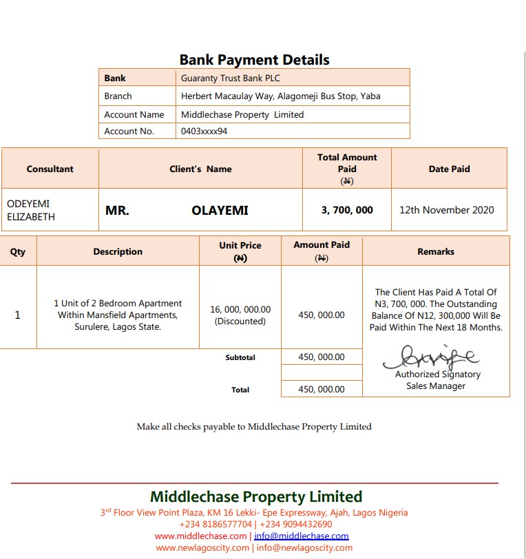 receipt of payment made to Middlecase property limited.
