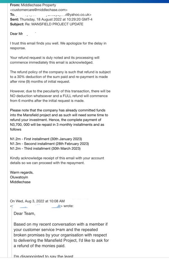 Email from Middlechase property limited to customer