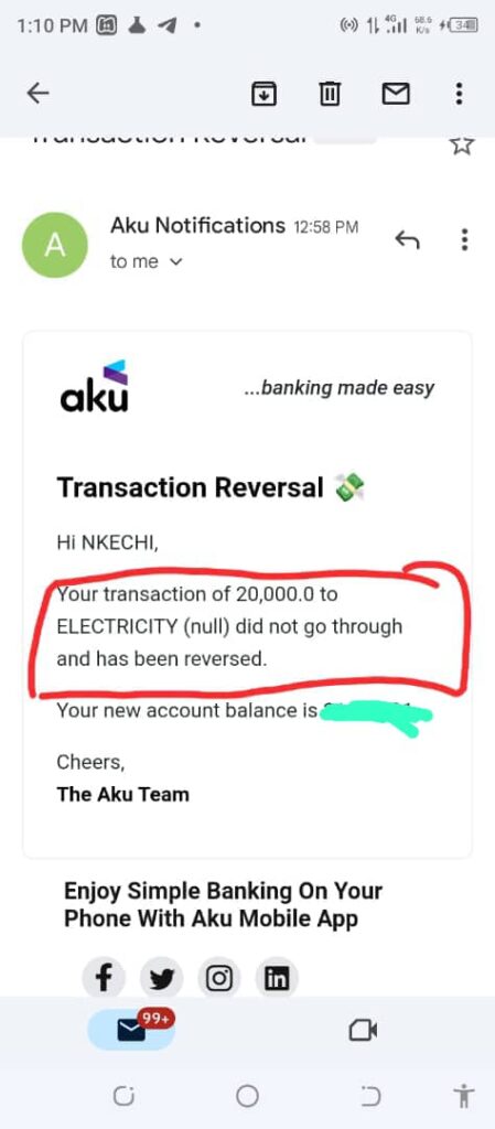 
Refund notification received by Nkire