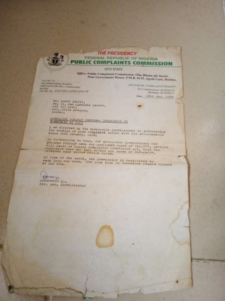The Response Oseni Received From the Public Complaints Commission on the Matter in 2006