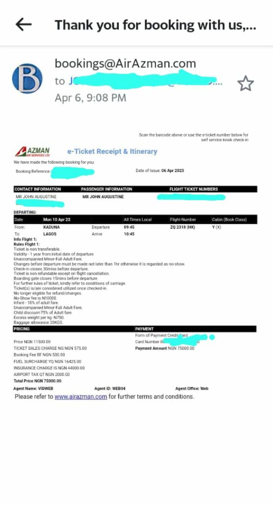Azman Air ticket receipt and itinery