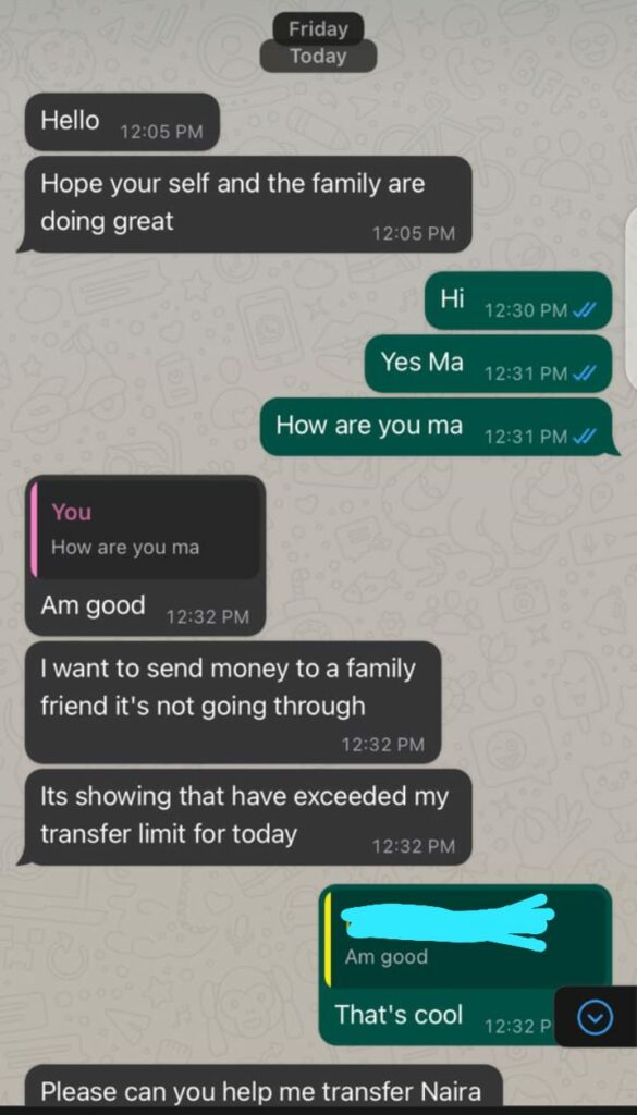 Some of the Messages the Fraudster Sent to the Victim's Contacts After He Hijacked Her WhatsApp Profile