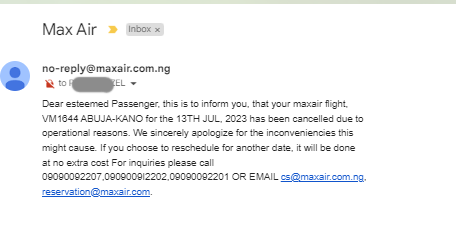 flight cancellation email notification