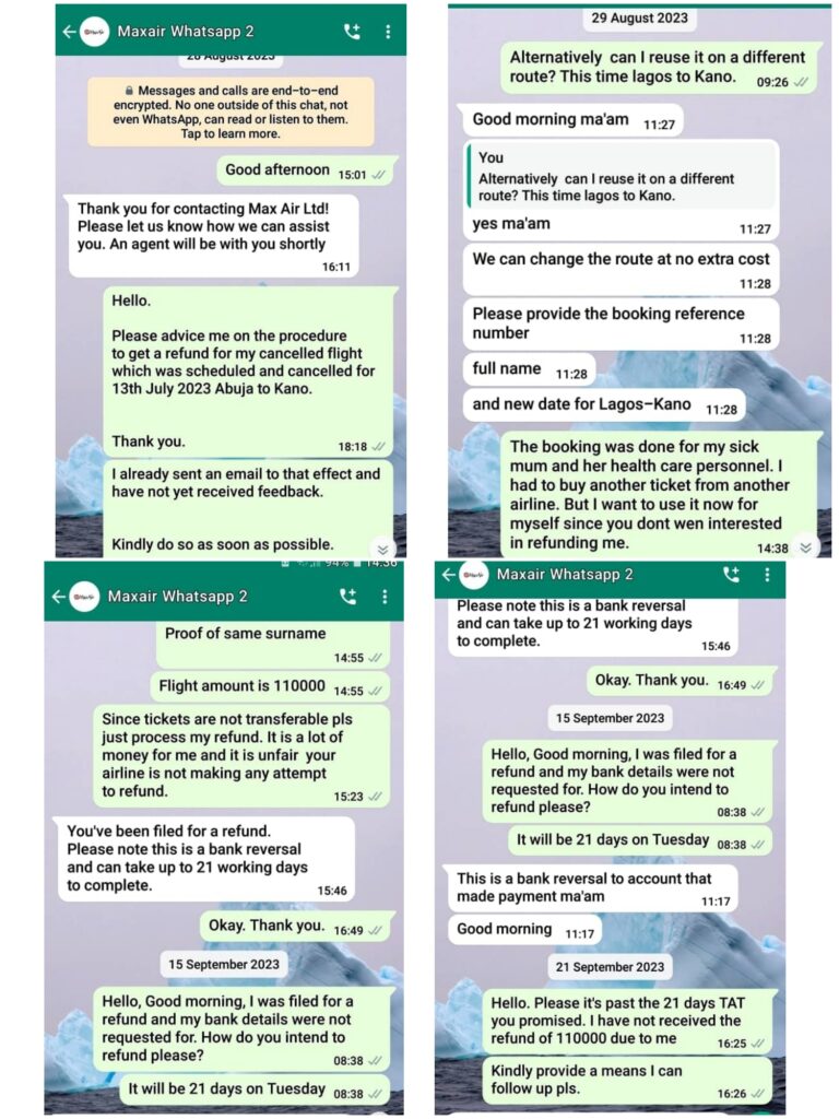 Whatsapp chat between Max air and customer
