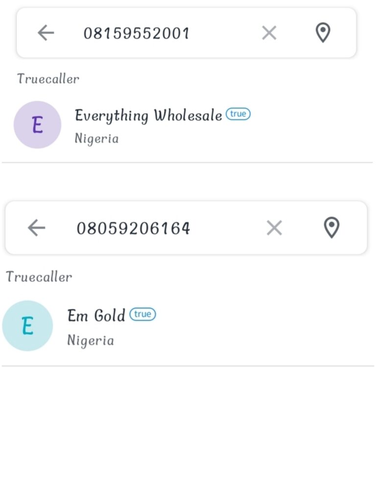 Identity of vendor's phone numbers as displayed by Truecaller 