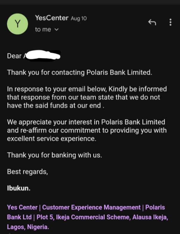 Email from Polaris Bank to customer 