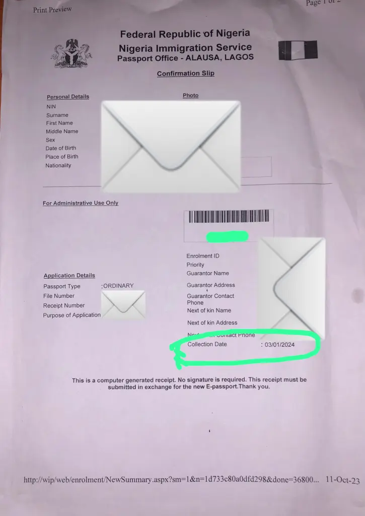 Slip showing wait time for passport collection 