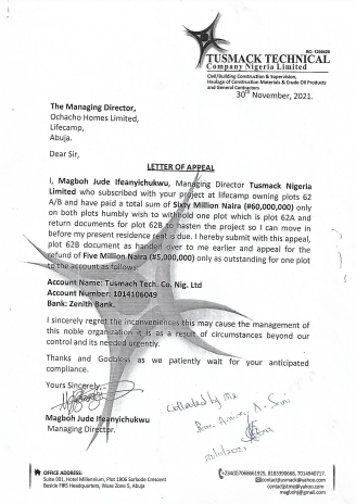 Magboh's letter to Ochacho Homes on November 30, 2021